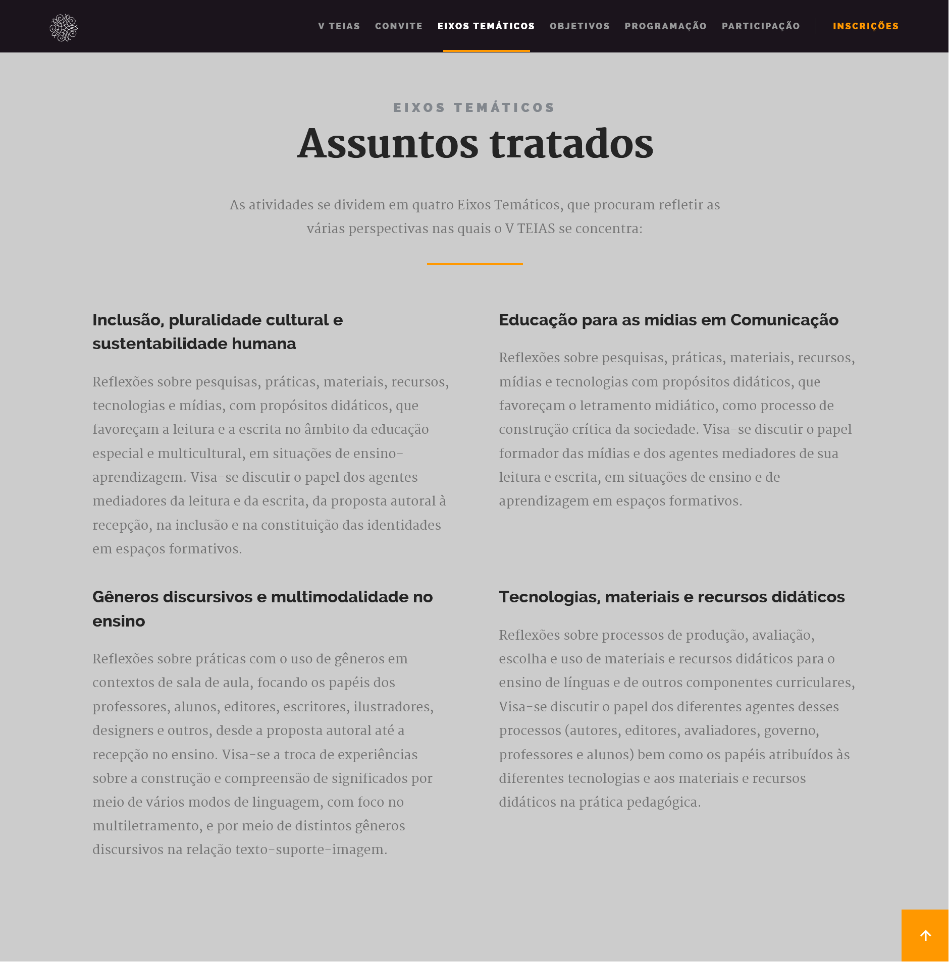 Seção Assuntos tratados do site do V TEIAS 2026