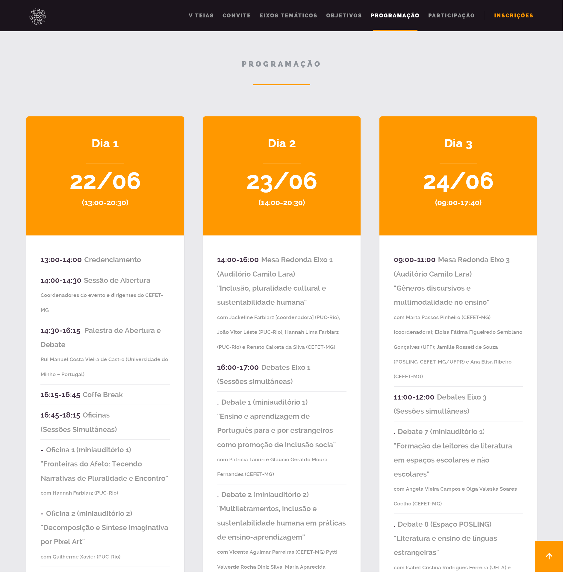 Seção Programação do site do V TEIAS 2026